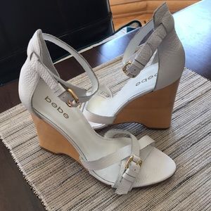 BEBE white wedge sandals